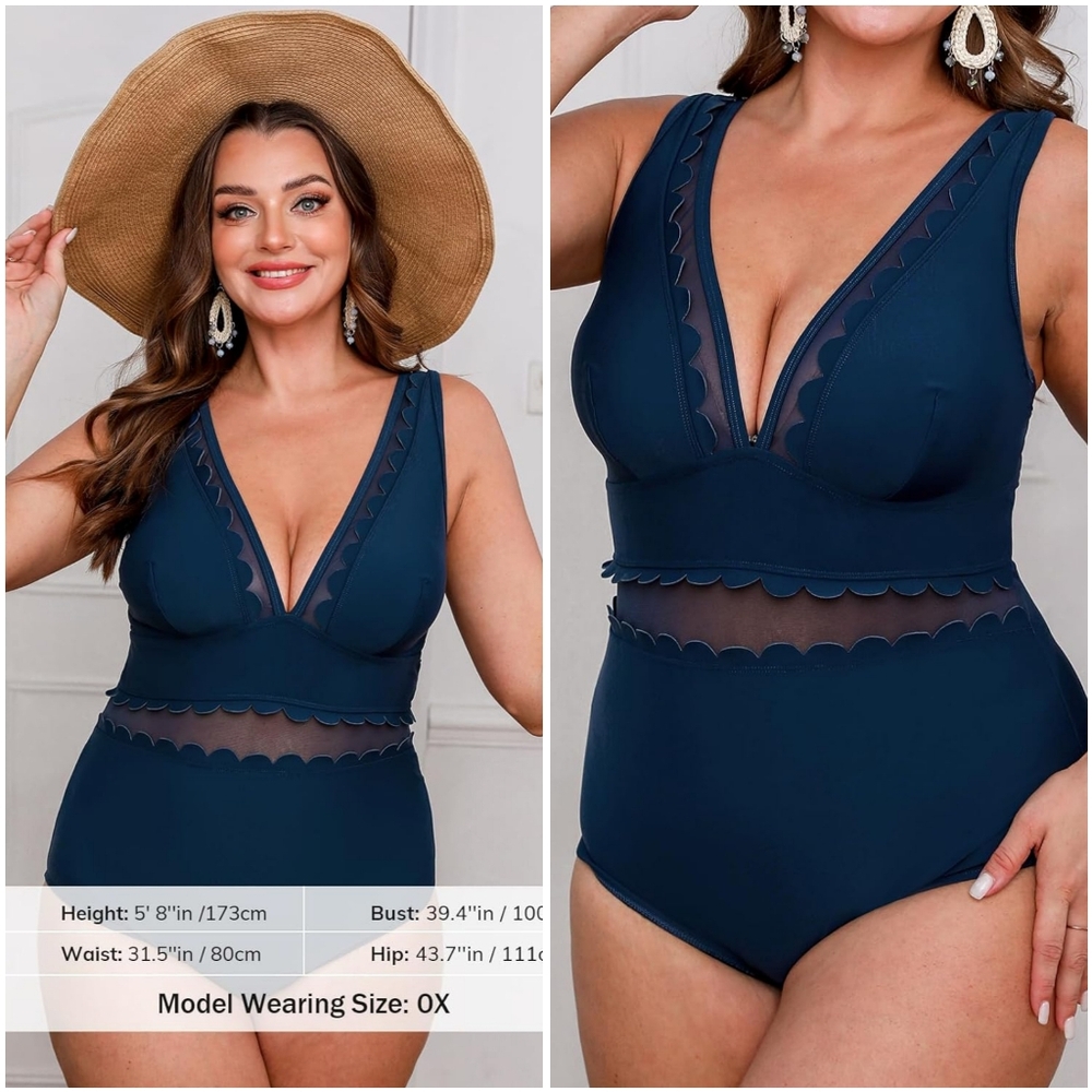 NWT Cupshe Blue Scalloped Mesh V Plunge Cut Out One Piece Swimsuit Bathing 2X